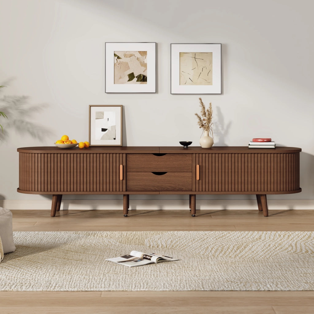Mobile TV ovale con 2 cassetti e 2 ante scorrevoli in MDF color noce; ripiani regolabili 170 × 40 × 42 cm