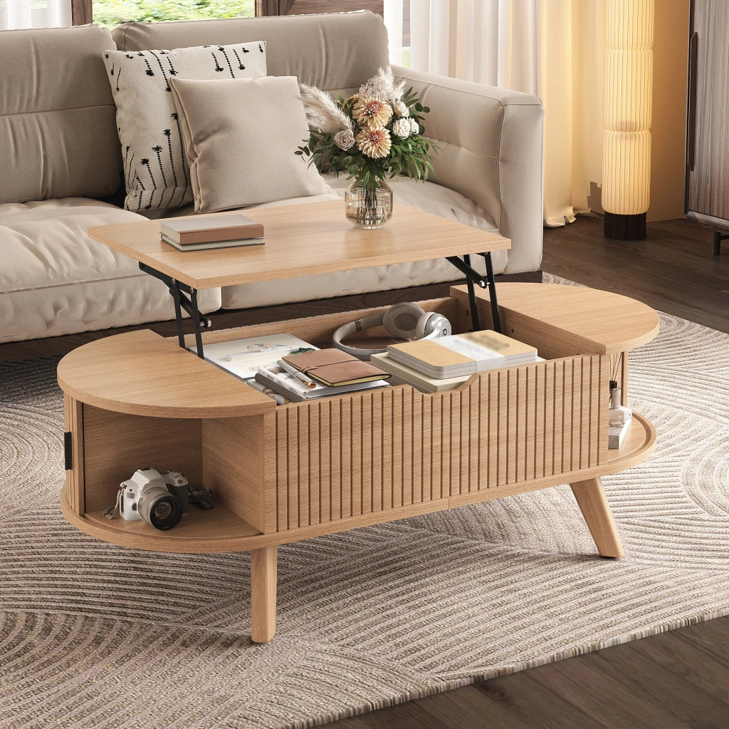 Tavolino da salotto ovale 110x50 cm con piano sollevabile e ante scorrevoli naturale HOMVRA