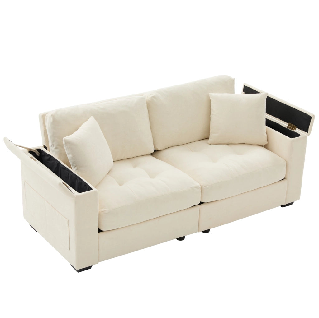 Divano 2 posti in chenille beige con contenitore nei braccioli, tasche laterali e 2 cuscini