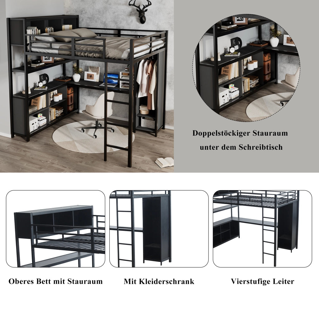 Letto a soppalco 140x200 cm con scrivania; armadio e vani contenitore in metallo e legno; nero