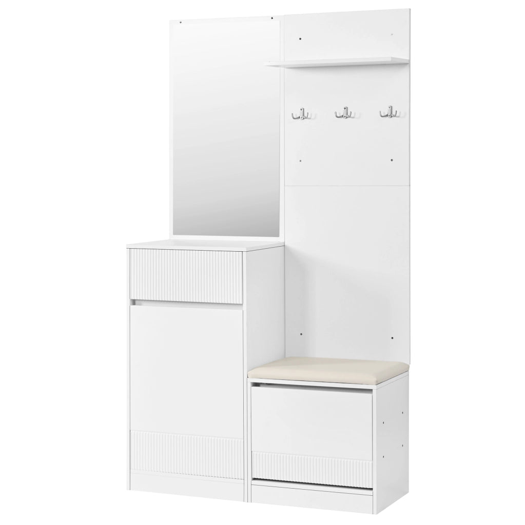Guardaroba da ingresso bianco con scarpiera, specchio e LED