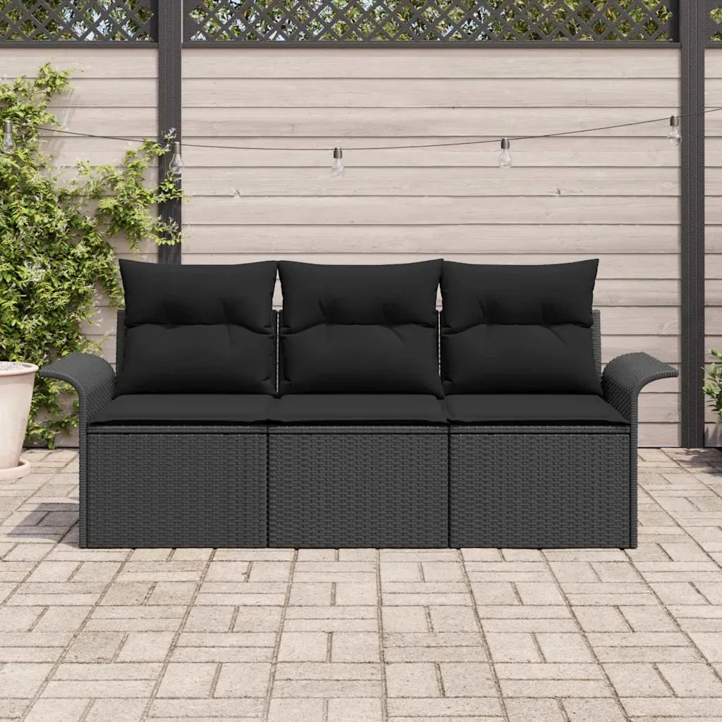 Set Divano da Giardino con cuscino 3 pcs Nero Poly Rattan