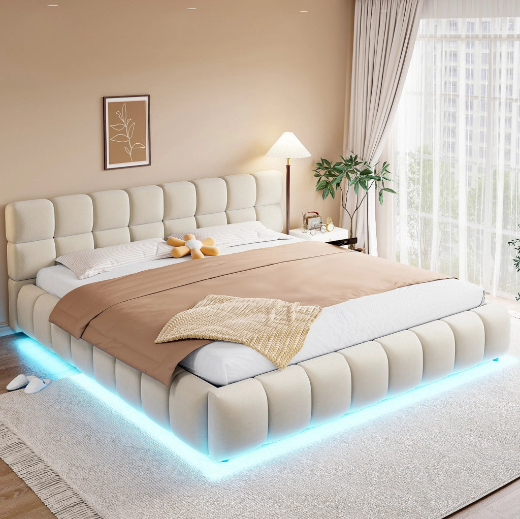 Letto imbottito 180x200 cm beige in velluto con contenitore idraulico e LED