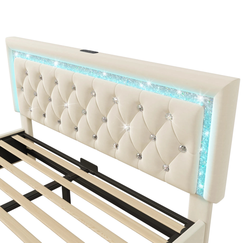 Letto matrimoniale contenitore 140 × 200 cm in velluto beige con LED USB type-c testiera diamantata e vano idraulico