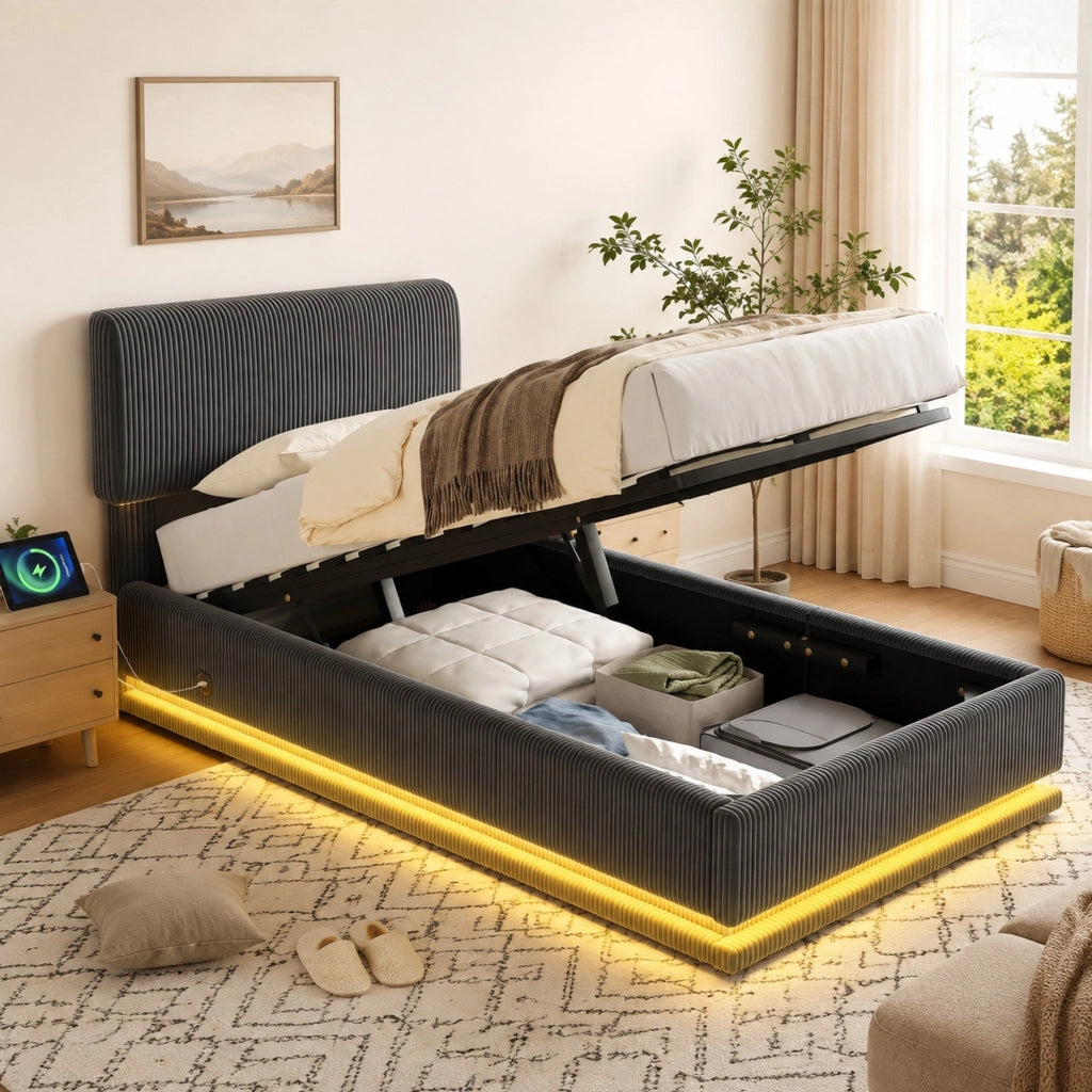 Letto singolo imbottito 90 × 200 cm con LED USB C testiera regolabile in velluto a coste grigio scuro