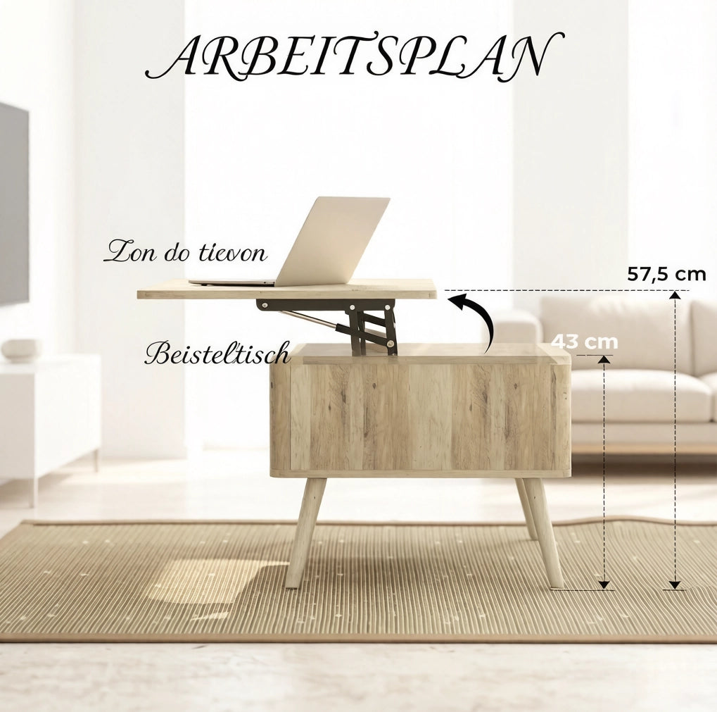 Tavolino da salotto con piano regolabile in altezza in MDF e legno di pino, colore rovere, 91x56 cm