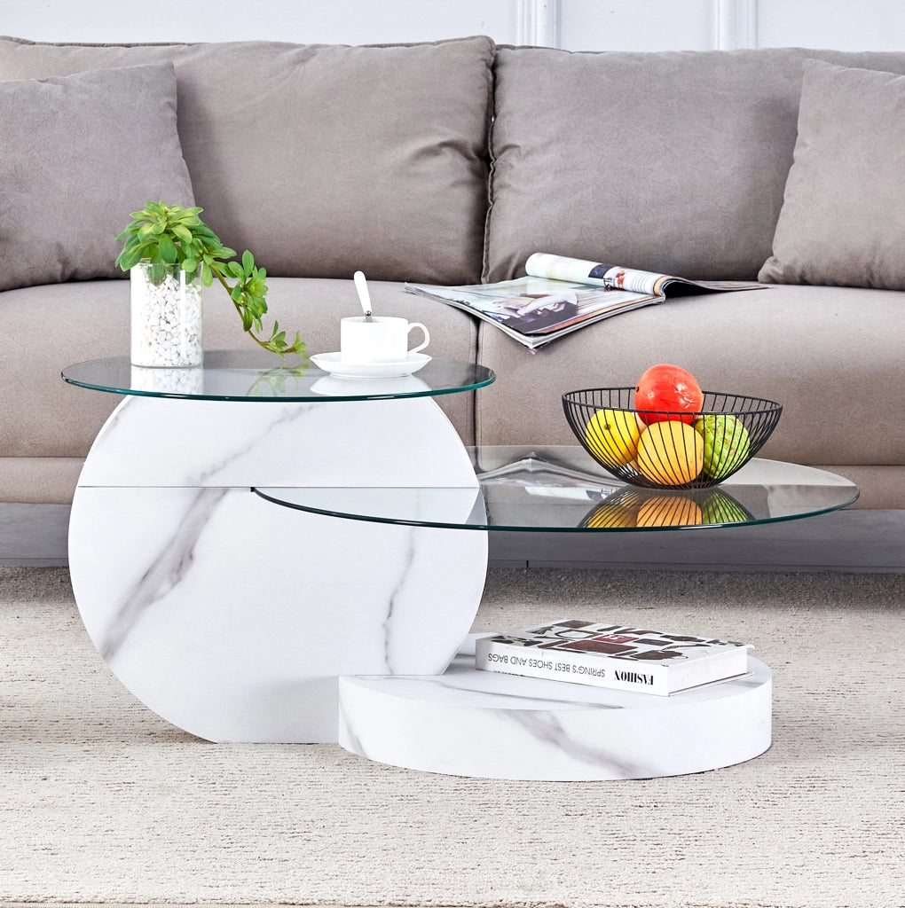 Tavolino da salotto a 2 livelli con vetro temperato e struttura MDF bianco effetto marmo HOMVRA