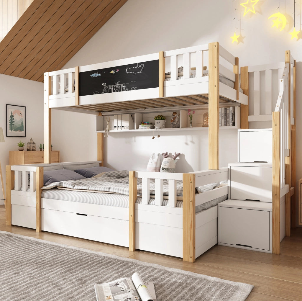 Letto a castello per 3 con lavagna, scala contenitore e cassetti