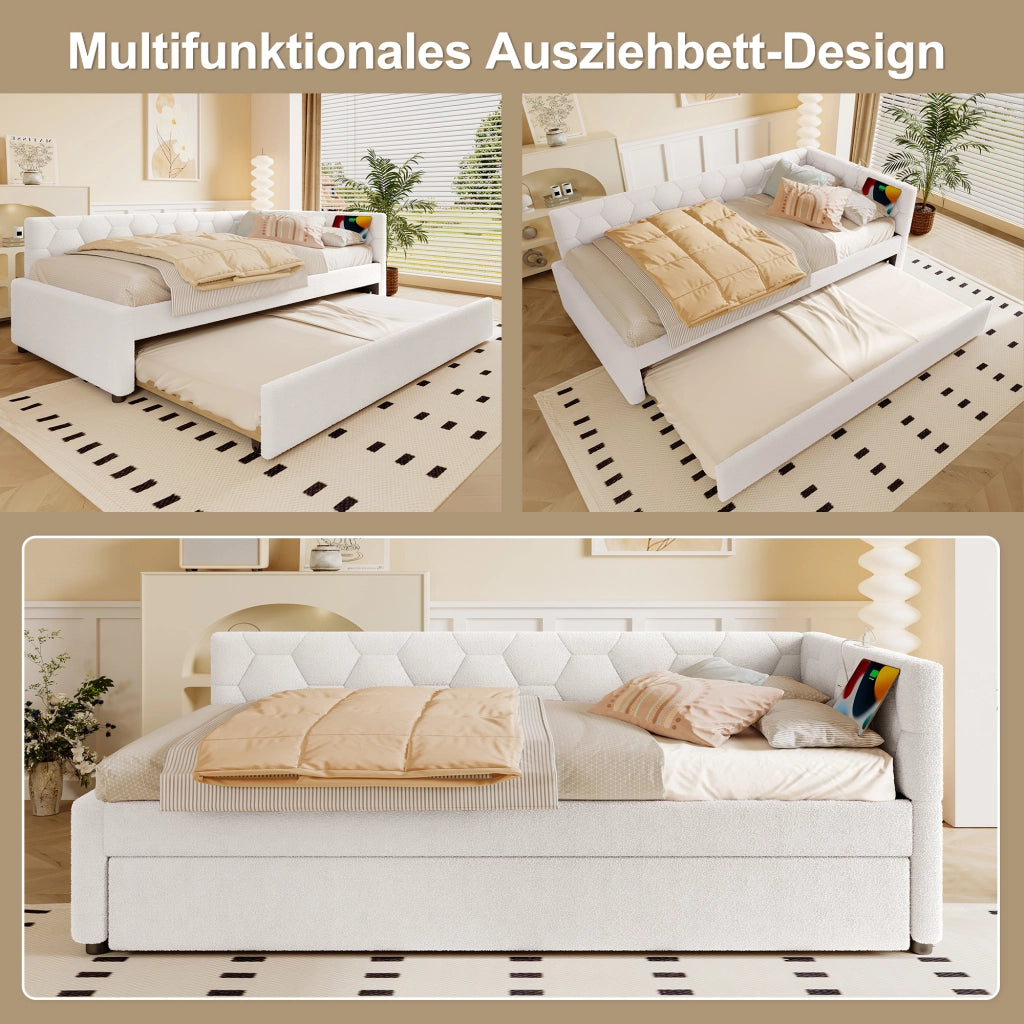 Letto con letto estraibile 90 × 200 cm con USB Type-C e lampada da comodino rivestito in bouclé bianco