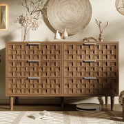 Sideboard 120x37x77 cm design waffle cioccolato, finitura rovere, 6 cassetti con maniglie metallo. Mobile Mid-Century per soggiorno, camera, ingresso