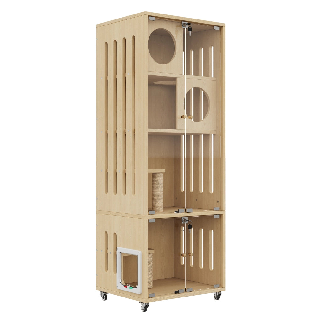 GABBIA PER GATTI Multilivello in MDF e Vetro Colore Naturale con Ruote