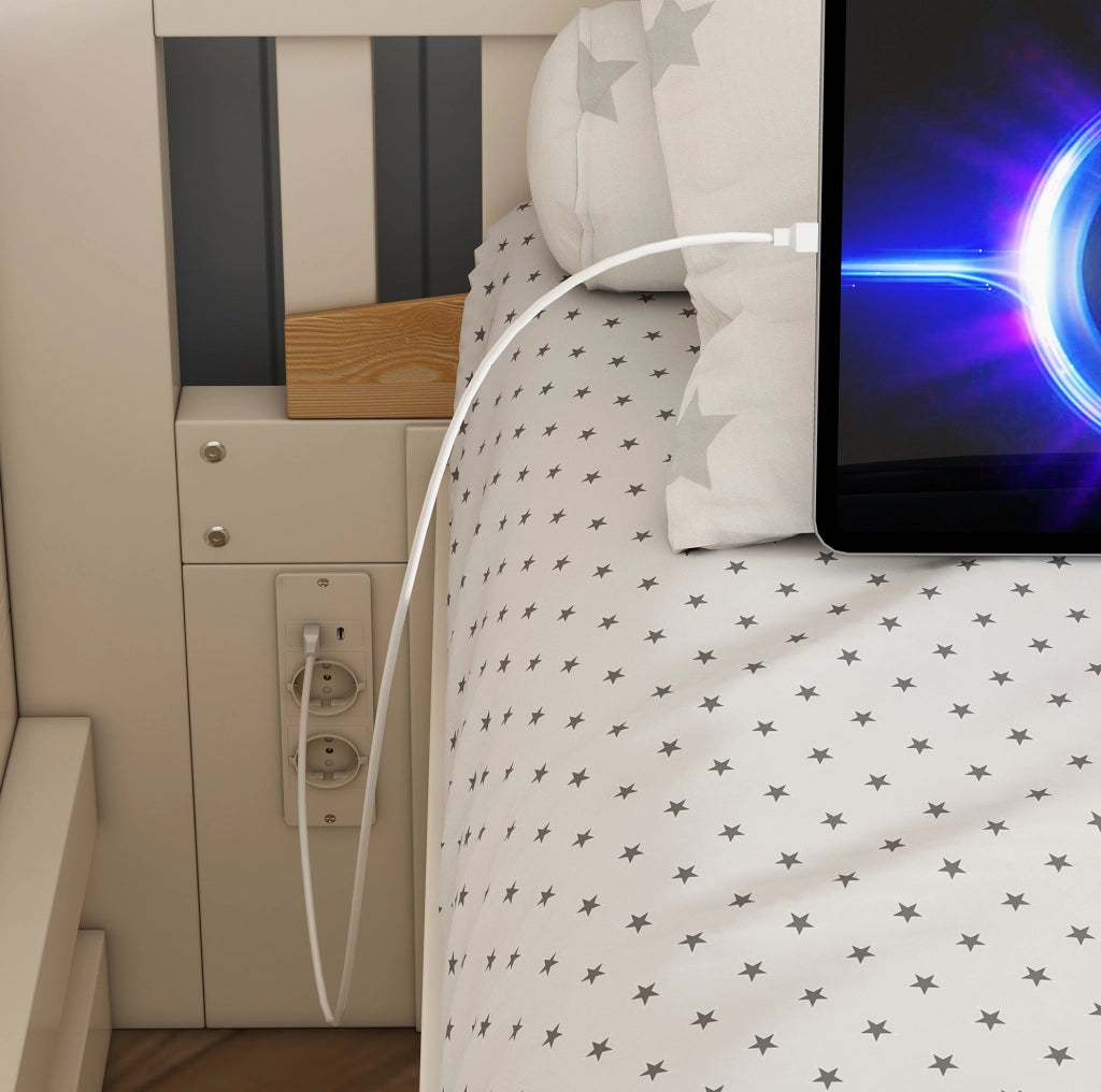 Letto a castello sfalsato in legno 90x200 & 140x200 cm con spazio idraulico, armadio a gradini, corrimano di sicurezza e USB-C, bianco e naturale, senza materasso