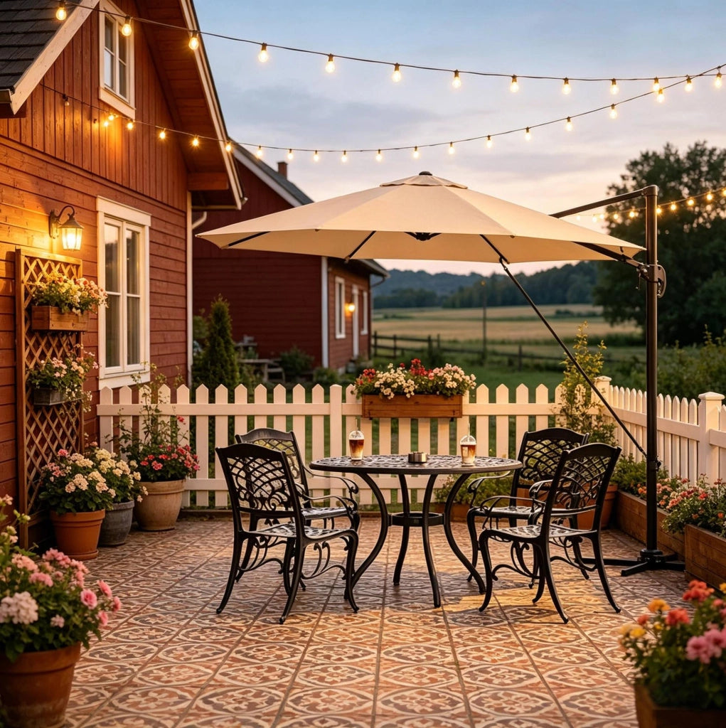 Ombrellone rotondo da balcone beige con base incrociata in metallo, 3 m di diametro, per giardino e terrazza