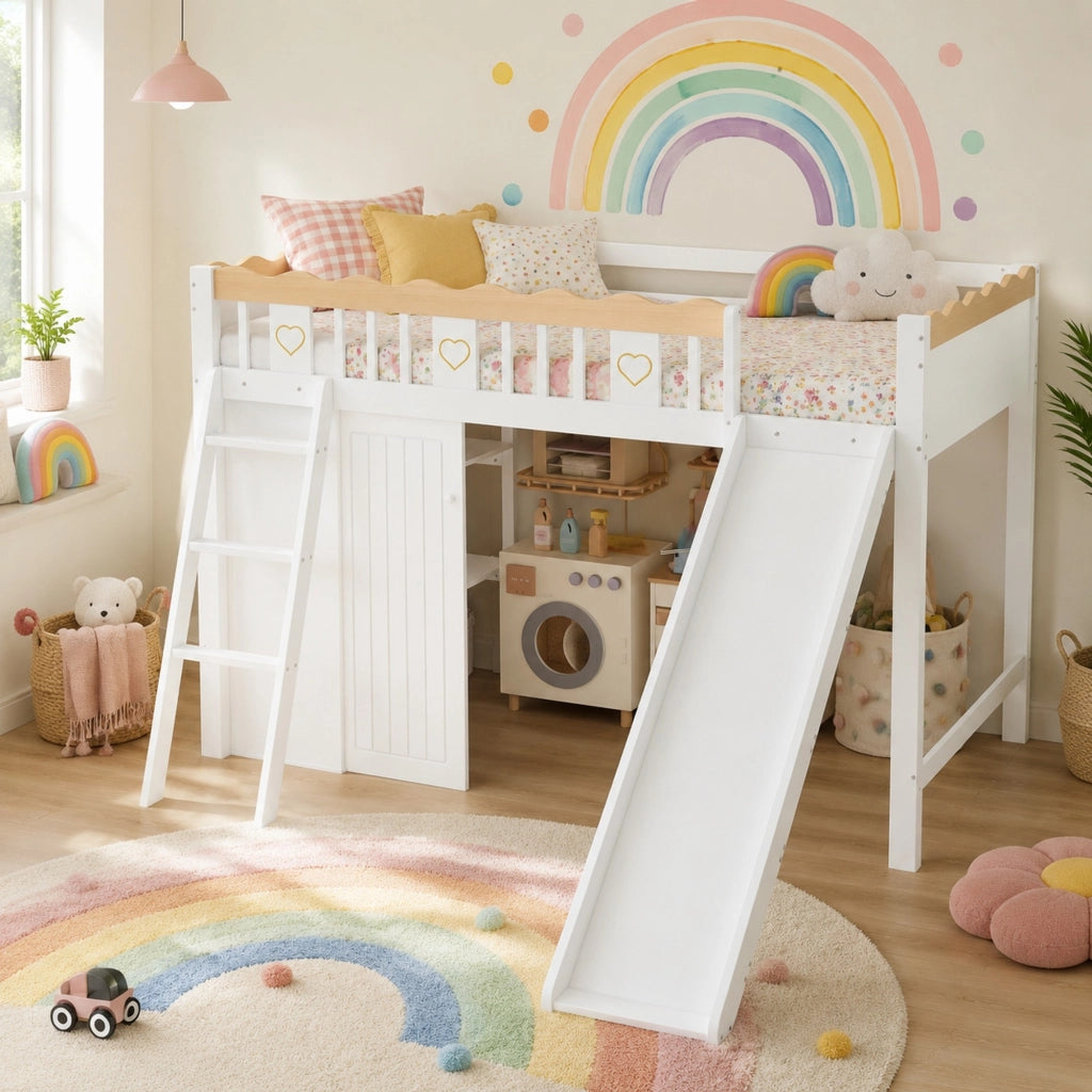 Letto a soppalco per bambini 90 × 200 cm con scivolo armadio e mobile contenitore in legno e MDF bianco naturale