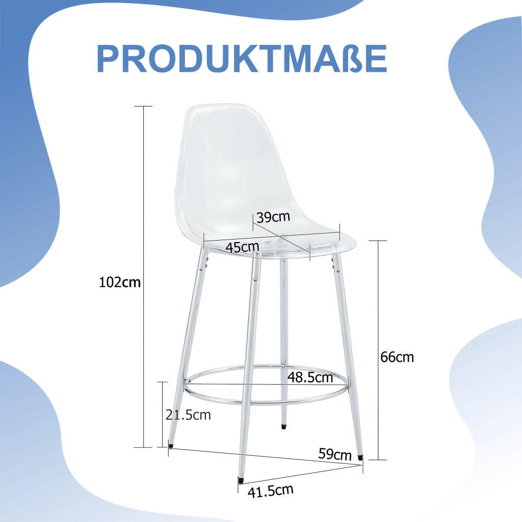 Sgabello da bar 2 pezzi con schienale ergonomico e poggiapiedi, in Metallo e Plastica, Argento e Trasparente