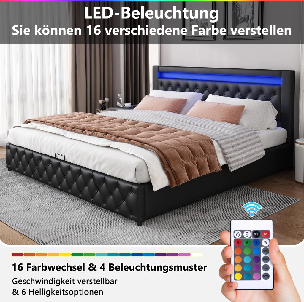 Letto matrimoniale imbottito 160x200 cm con contenitore e LED; rivestimento in PU nero