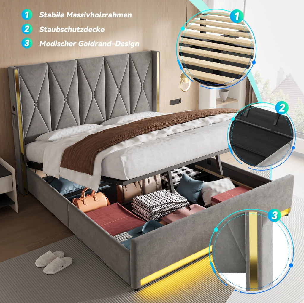 Letto matrimoniale contenitore 180x200 cm in velluto grigio scuro con testiera alta, USB, Type-C e LED