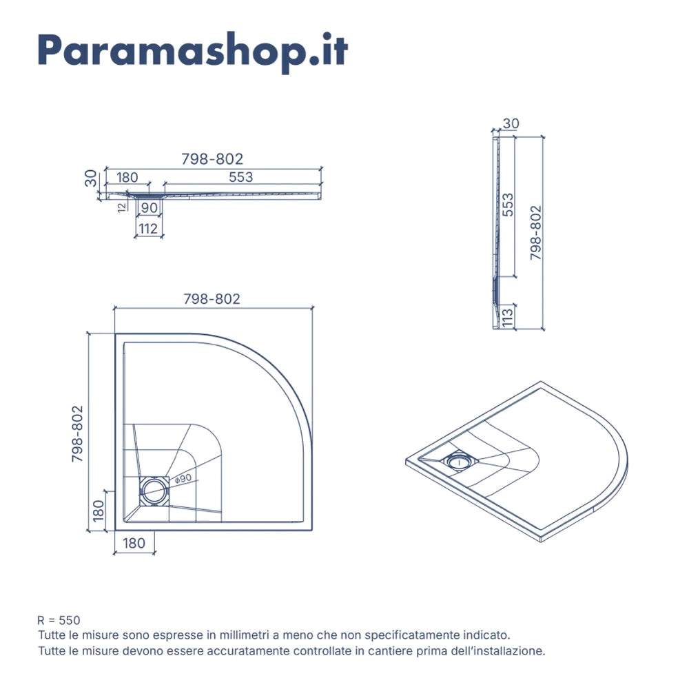 Piatto doccia semicircolare 80x80 cm in marmoresina grigio effetto pietra h3 cm | Milos