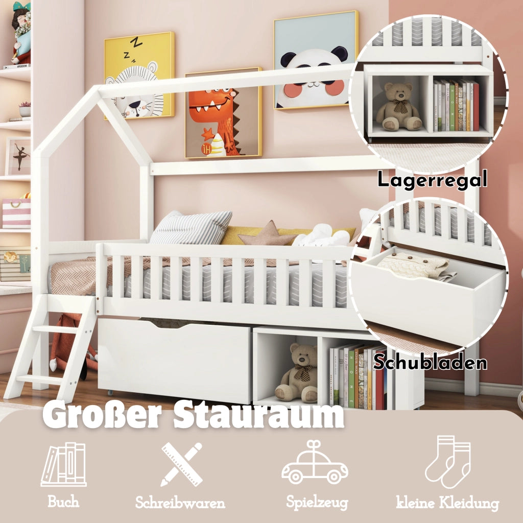 Letto a casetta 90 × 200 cm con cassetti e vani portaoggetti in legno bianco con scala e barriera anticaduta