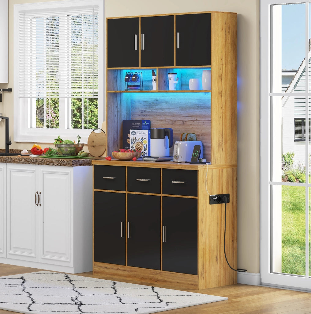 Buffet multifunzionale 100x40x180 cm con LED controllati da app, cassetti, ripiani regolabili e prese integrate, ideale per cucina e sala da pranzo