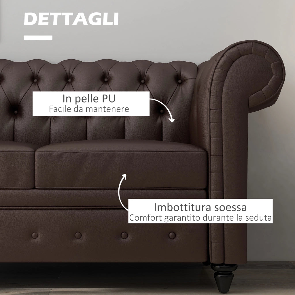 Divano 2 Posti Chesterfield in Ecopelle con Cuscino Rimovibile ¨C Minimal ¨C 160x84x80 cm Marrone