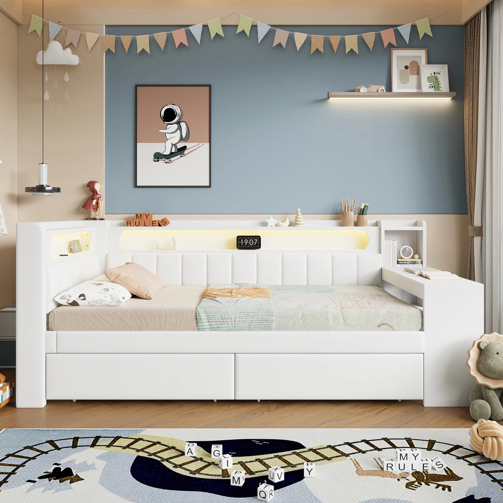 Letto singolo imbottito 90 × 200 cm con scrivania, 2 cassetti, porta USB e LED a 7 colori, senza materasso, bianco