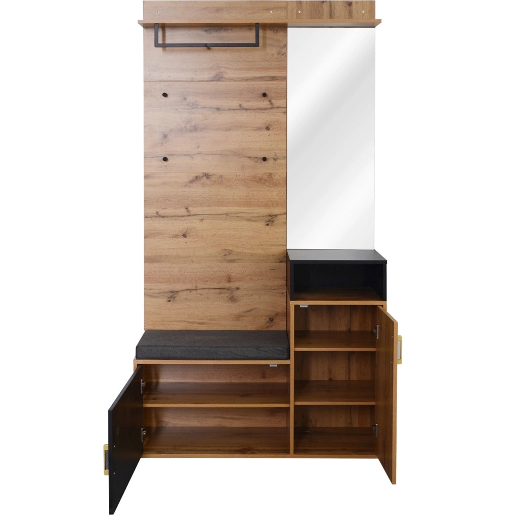 Set ingresso con appendiabiti, specchio, scarpiera, panca e ripiano superiore in legno e nero, 105x40x191,5 cm
