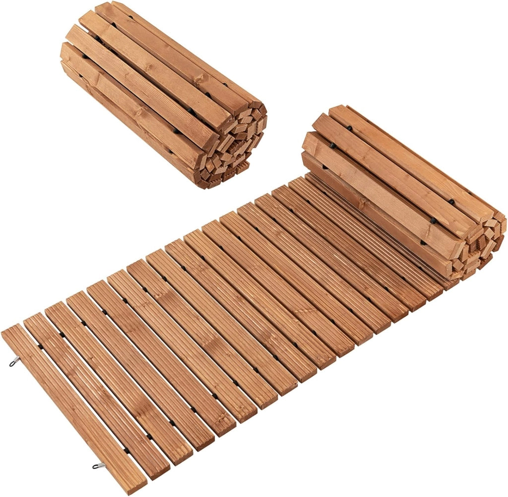 Passerella Arrotolabile per Giardino, Vialetto con Filo di Ferro e Consistenza Antiscivolo Resistente alle Intemperie, Percorso in Legno per Cortile e Spiaggia (245 x 55 x 2 cm)