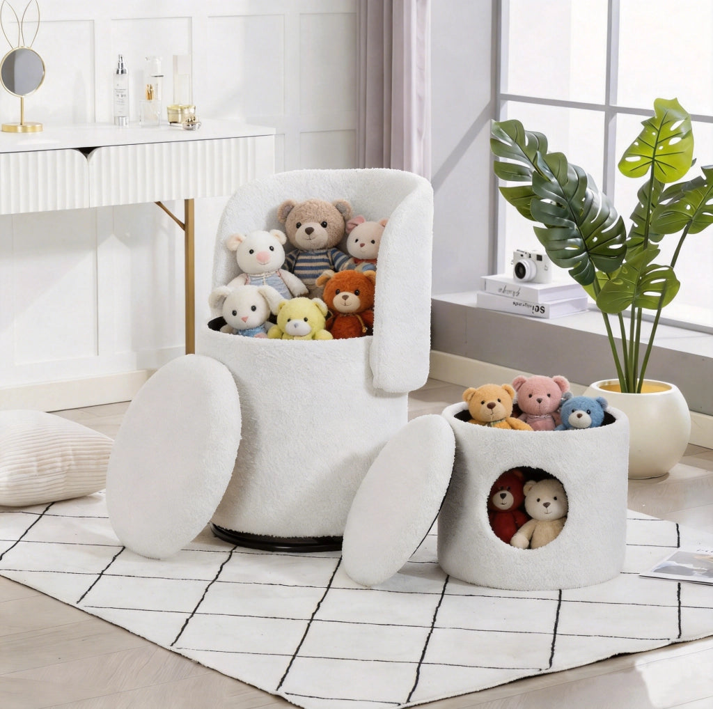 Poltroncina girevole 360° con contenitore in tessuto Teddy bianco e sgabello cuccia per gatto HOMVRA