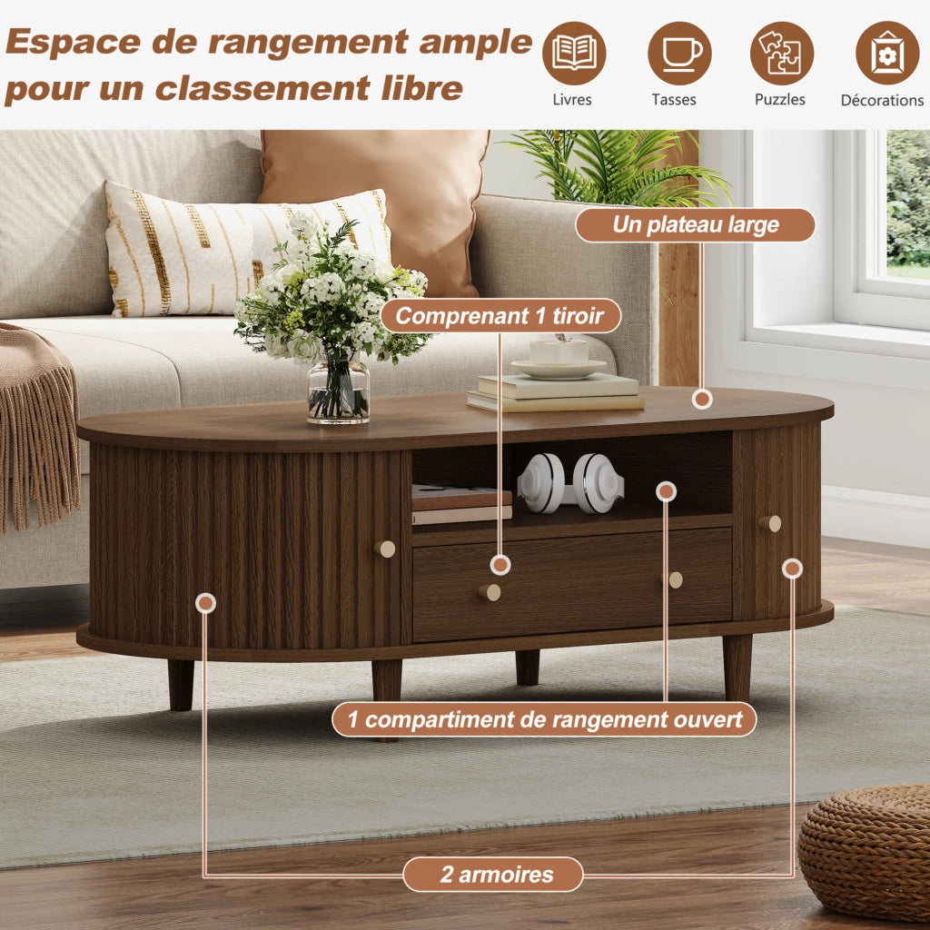 Tavolino da caffè ovale 100x50x36 cm in MDF color noce con 1 cassetto e anta a rullo