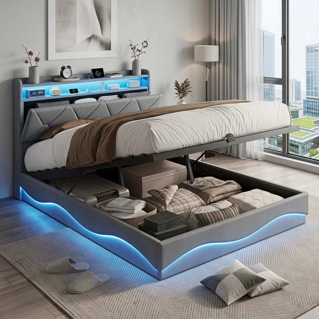 Letto matrimoniale 160x200 cm con contenitore LED USB Type-C testiera rete a doghe tessuto - grigio
