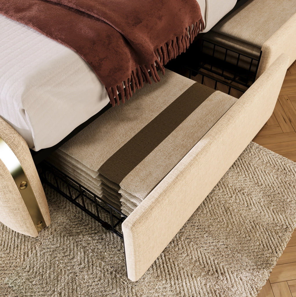Letto matrimoniale imbottito con USB, 4 cassetti e struttura resistente
