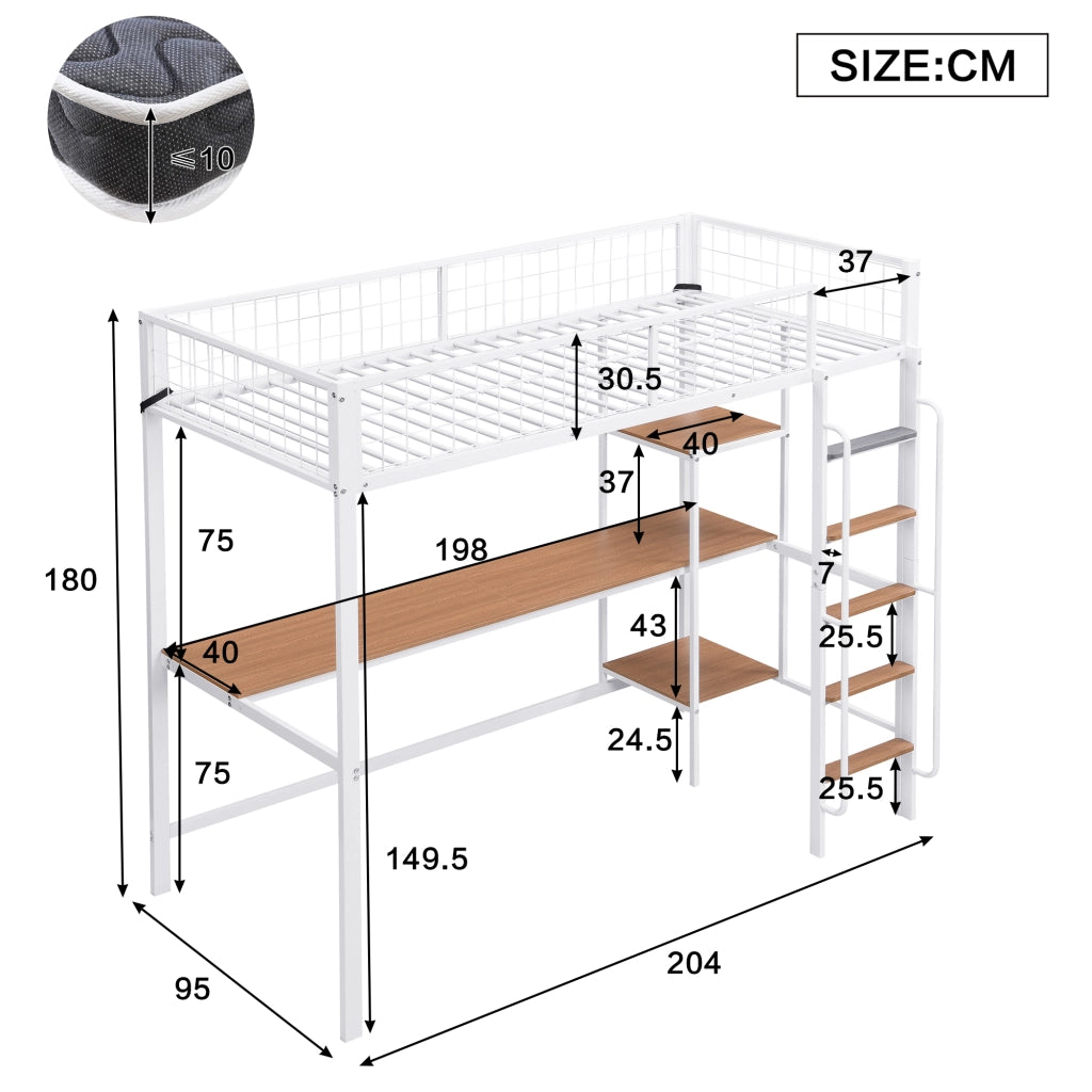 Letto a soppalco 90 × 200 cm con scrivania, scaffali e scala a 5 gradini, senza materasso, bianco naturale