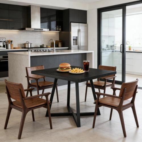 Tavolo quadrato da pranzo in MDF e metallo nero, stile rustico, compatto e versatile per casa
