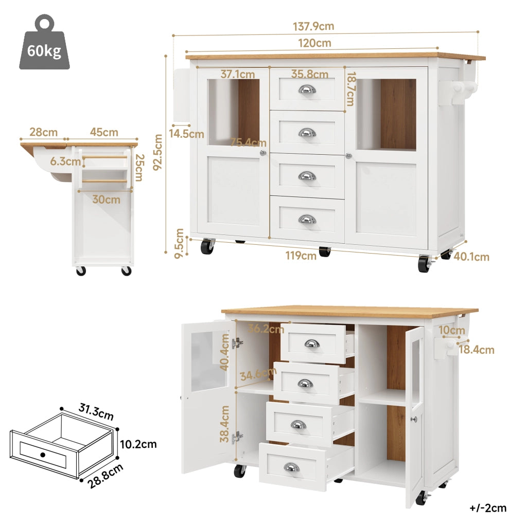 isola da cucina 137,9 x 73 x 92,5 cm bianca – piano ribaltabile