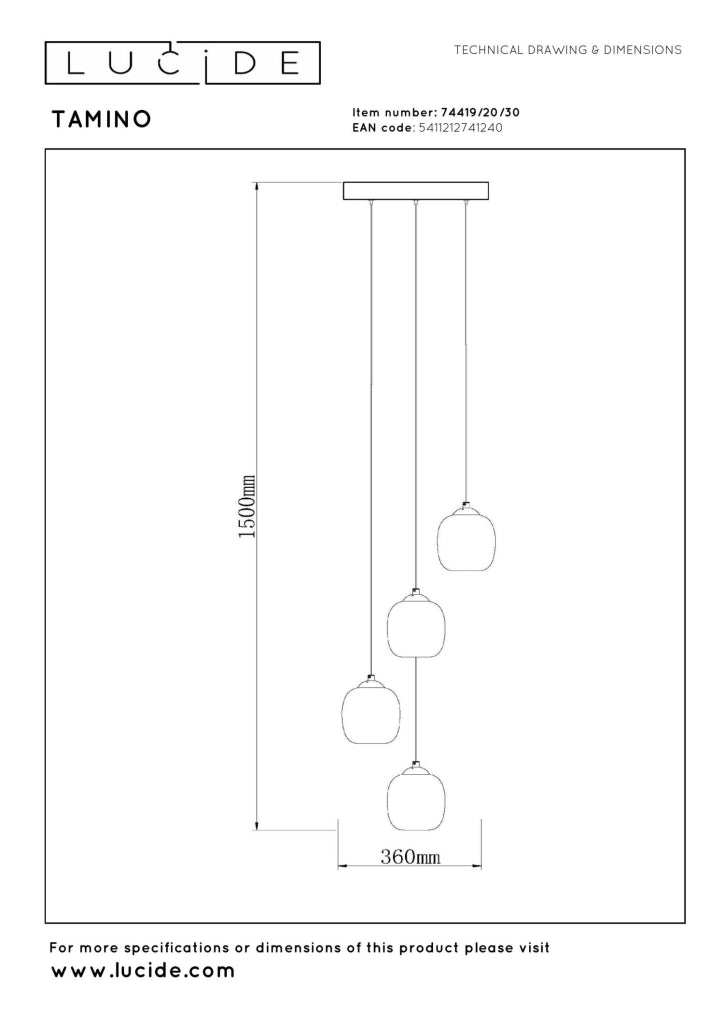 Lampada a sospensione TAMINO 4 luci LED nero vetro Lucide