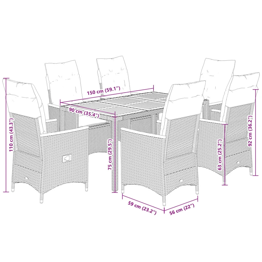 Set da Pranzo da Giardino 7 pz con Cuscini in Polyrattan Grigio