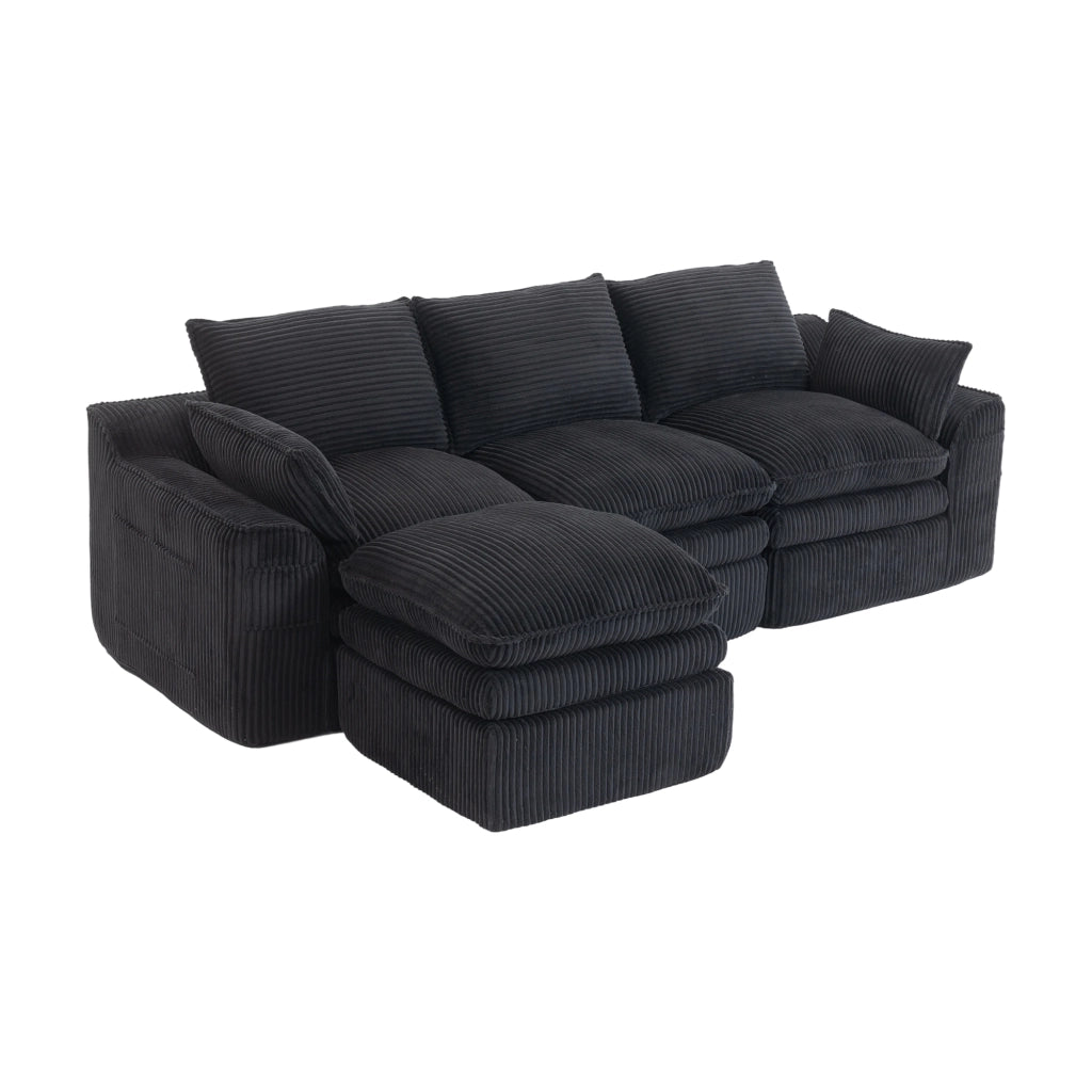 Divano modulare 3 posti in corduroy con pouf; tasche laterali; 263x167x85 cm; nero