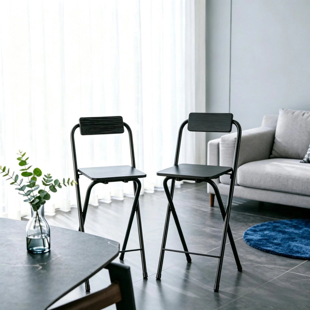 Sgabello da bar pieghevole 2 pezzi con schienale e poggiapiedi in acciaio e MDF nero per tavoli 89–99 cm