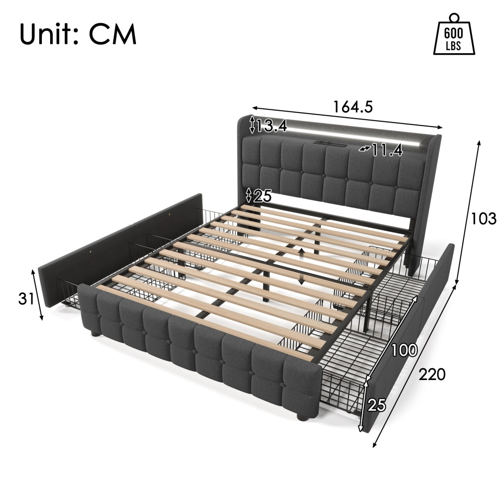 Letto matrimoniale imbottito 160x200 cm con testiera con ricarica USB e LED, 4 cassetti, contenitore, rete a doghe in legno - Grigio (Senza materasso)