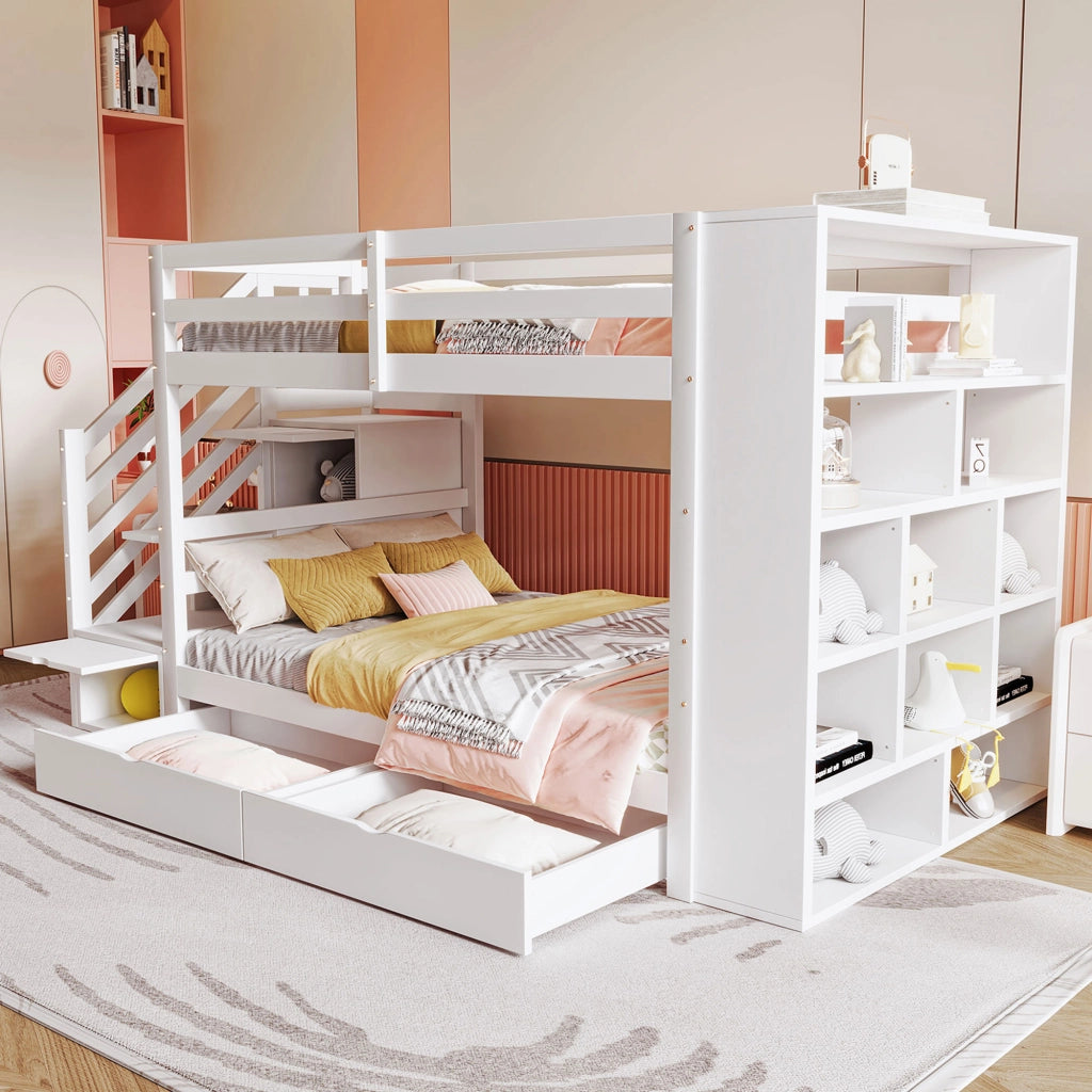 Letto a castello modulare 90 × 200 cm in legno bianco con scala contenitore cassetti e armadi integrati