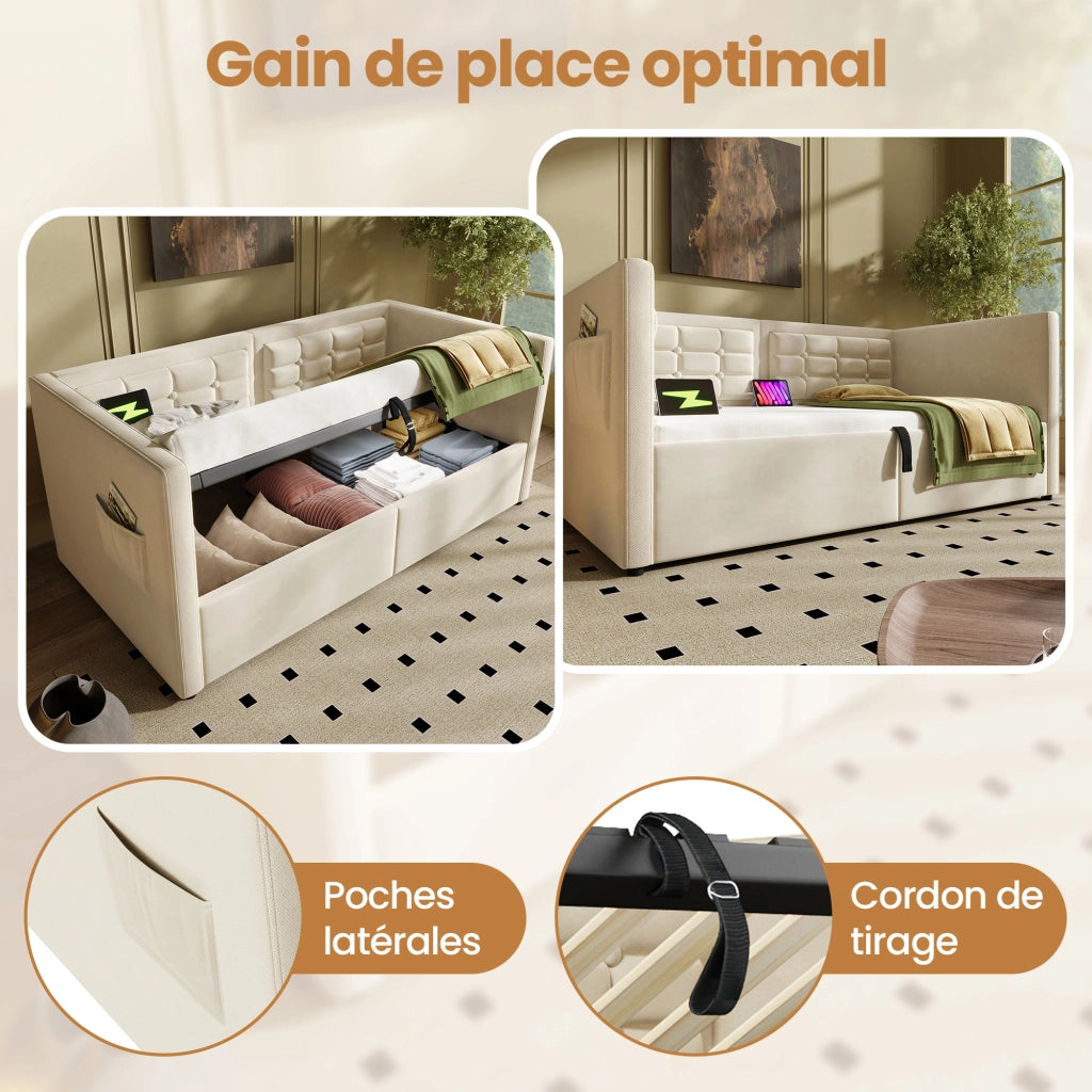 Letto divano singolo 90 × 200 cm con contenitore idraulico, USB e porta tipo C, senza materasso, velluto beige