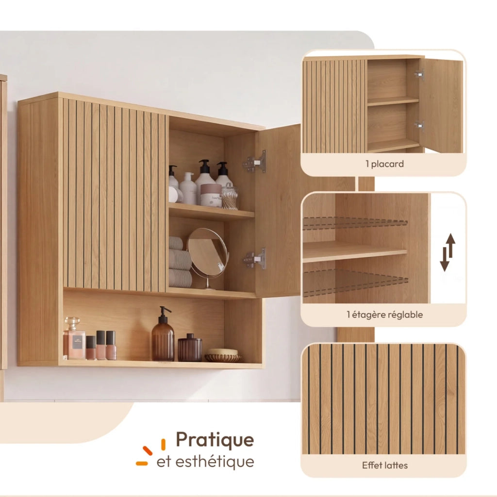 IDMarket - VICTOR Mobile da bagno sospeso a 2 ante con ripiano effetto doghe