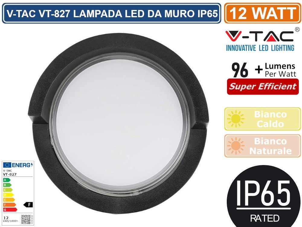 V-TAC VT-827 LAMPADA LED DA MURO 12W WALL LIGHT IP65 APPLIQUE ROTONDA COLORE NERO - Colore Luce:Bianco Caldo
