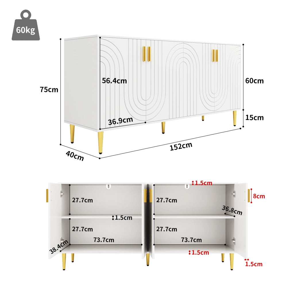 Credenza 2 ante e 4 vani, frontali ondulati e piedini dorati, per soggiorno e sala da pranzo, bianca, 152 × 40 × 75 cm