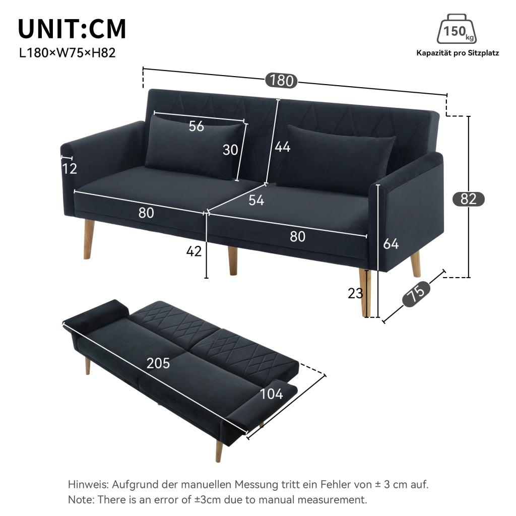 Divano letto 2 posti 180 cm con schienali regolabili in velluto nero