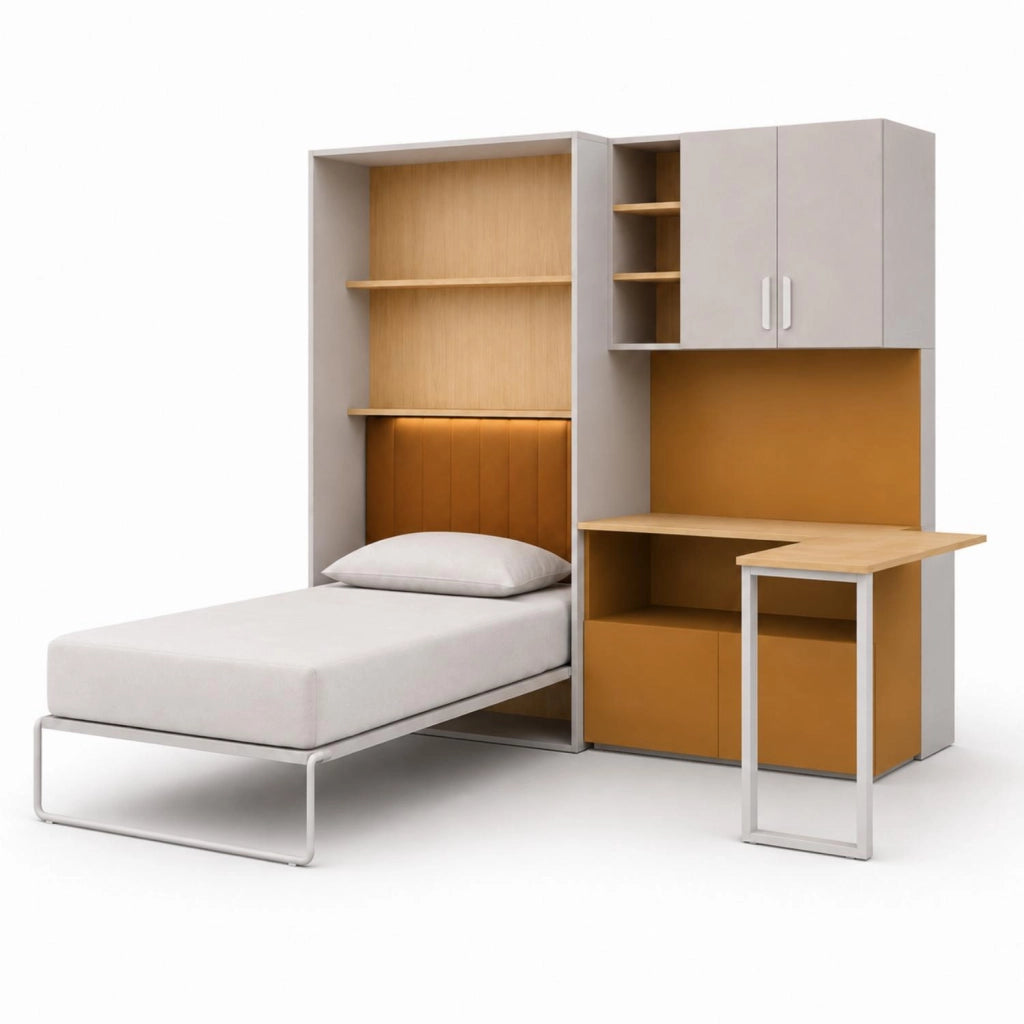 Cameretta Salvaspazio In Melaminico Con Letto A Scomparsa Armadio Scrivania E Cassettiera Per Camera Bambini Ragazzi Stanza Ospiti 133 X 208.5 X 45-216 Cm Cashmere E Giallo