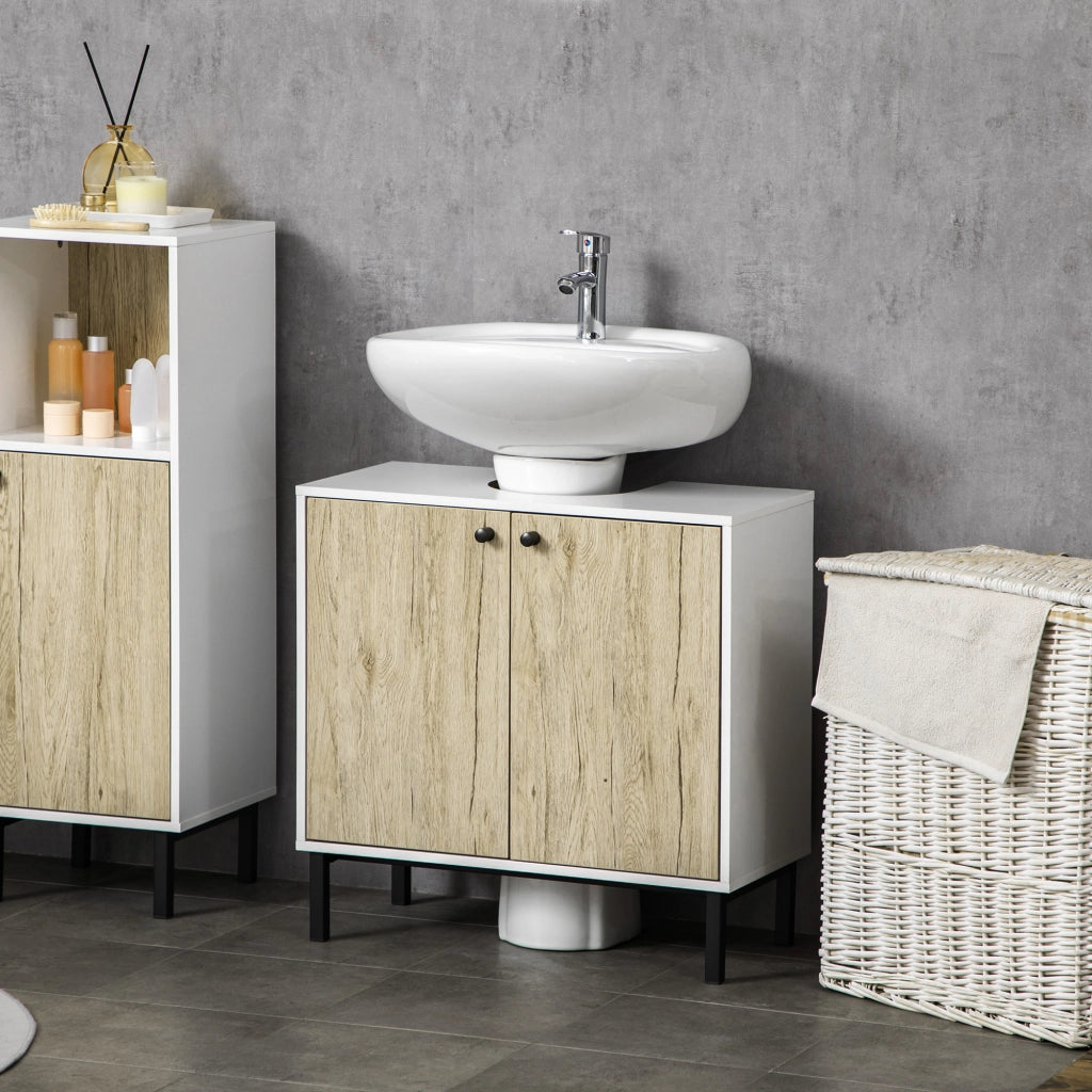 Mobile Bagno Sotto Lavabo 2 Ante con Ripiano in Truciolato e Acciaio ¨C Minimal ¨C Bianco Rovere 60x30x60 cm