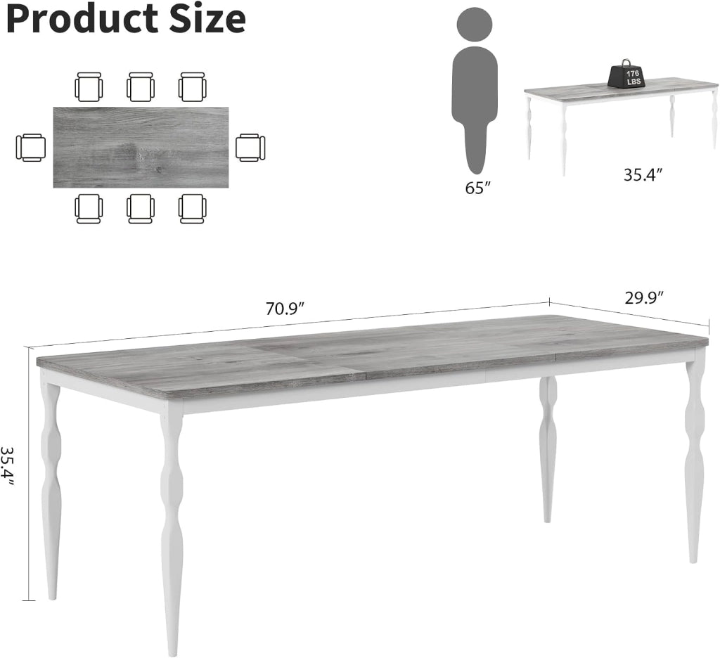 Tavolo da Pranzo Rettangolare 180 cm per 6 Persone Stile Country Grigio e Bianco