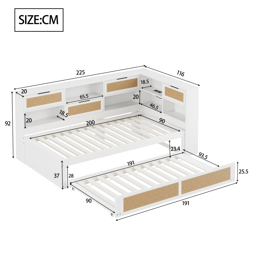 LETTO Multifunzionale 90x200 cm con letto estraibile, legno, bianco